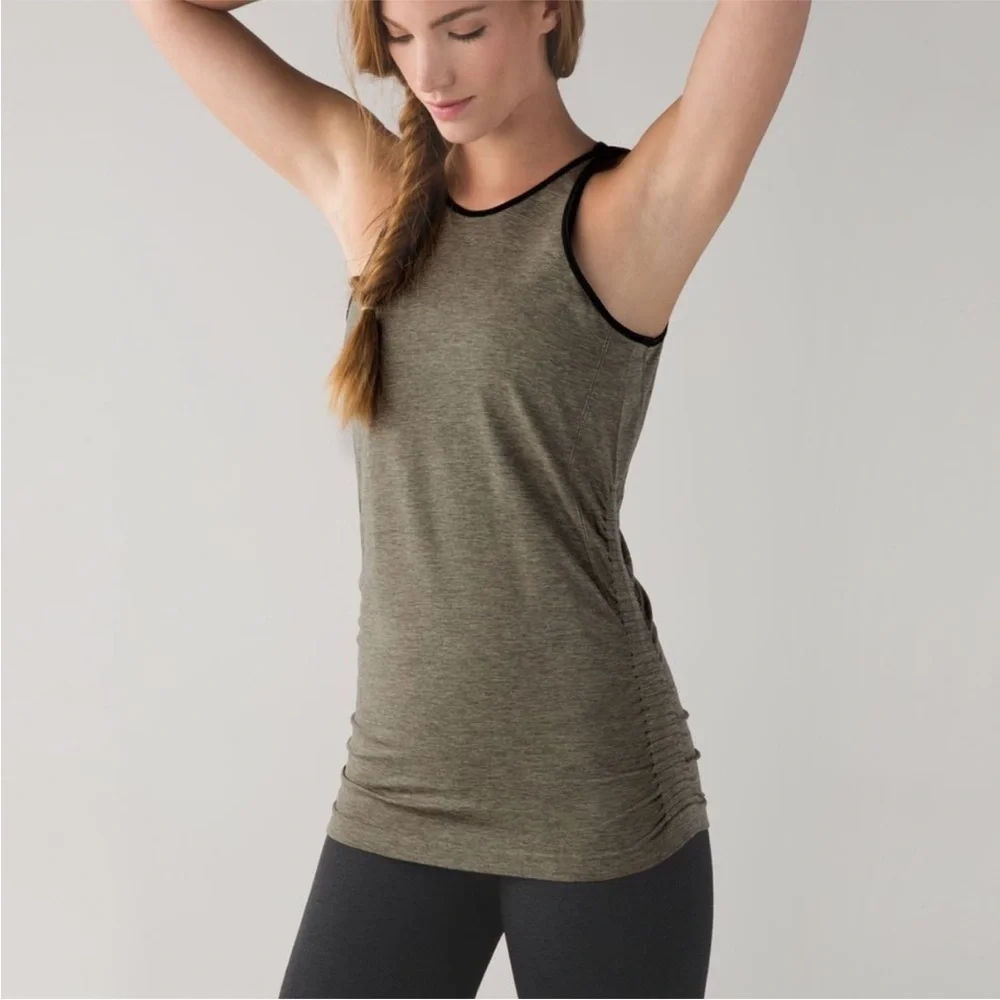 Lululemon In The Flow Ruched Tank Top Olive Heathered Fatigue Green